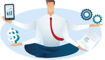 illustration of man sitting cross-legged holding graphs, gears, and money.