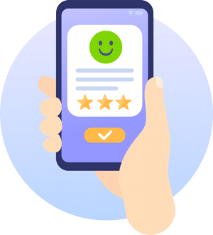 illustration of hand holding a smart phone with an open app with a smiley face and full-star review.