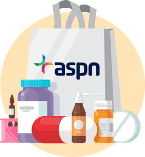 illustration of an ASPN to go bag with various medicinal products in front of it.